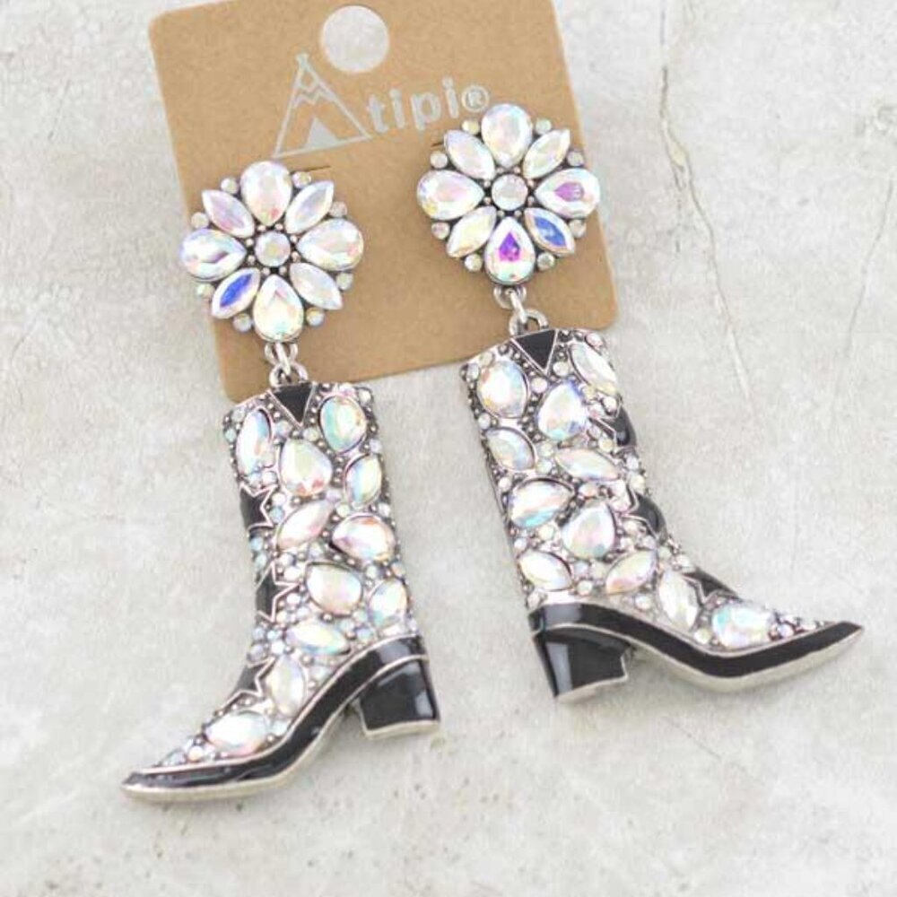 Western Cowboy Boot Black & White Dangle Bling Earrings - Picture 2 of 4